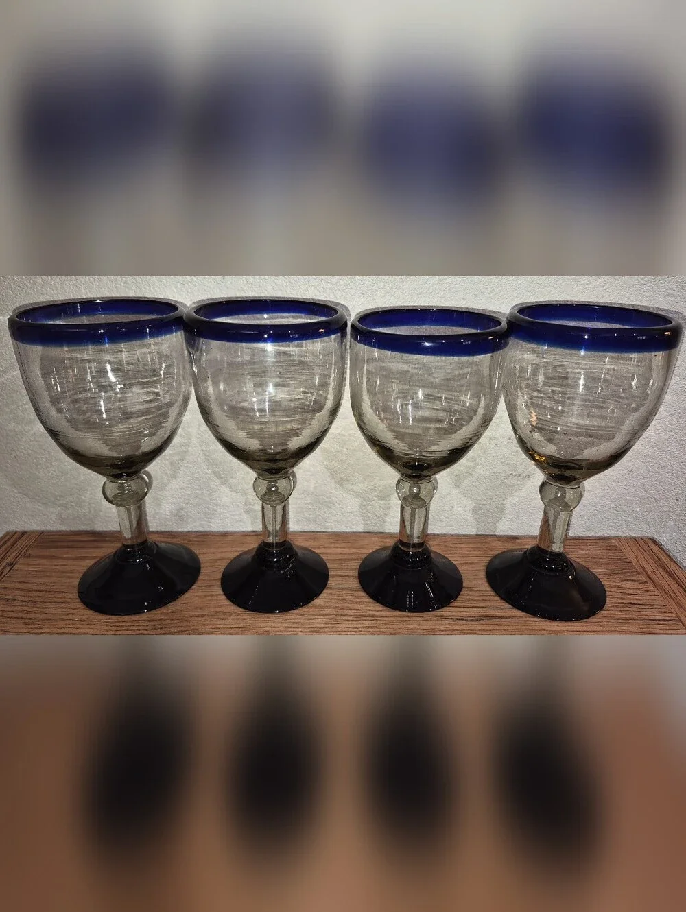 4 Vintage Hand-Blown Mexican Wine glasses featuring Cobalt Blue rims and Bases